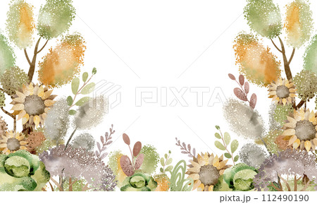 Template nature card. Watercolor frame forest with trees for birthday invite. Jungle background for child invite. Farm design farmland. 112490190