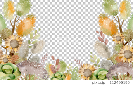 Template nature card. Watercolor frame forest with trees for birthday invite. Jungle background for child invite. Farm design farmland. 112490190