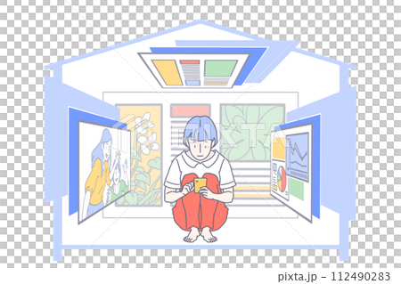 A woman wearing red pants looking at a yellow smartphone at home enjoys looking at different screens 112490283