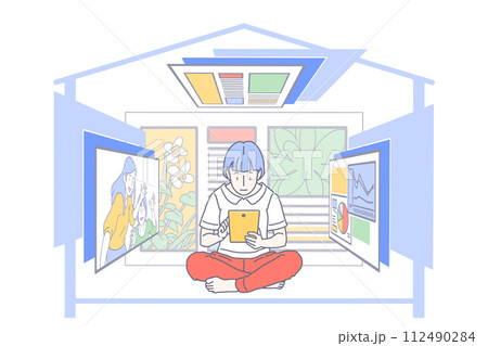 家の中で黄色のタブレットを見ている赤いズボンを履いた女性が、さまざまな画面を見て楽しんでいるイラスト 家の中で黄色のタブレットを見ている赤いズボンを履いた女性が、さまざまな画面を見て楽しんでいるイラスト 112490284