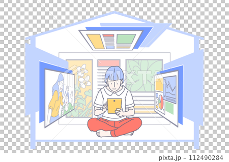 家の中で黄色のタブレットを見ている赤いズボンを履いた女性が、さまざまな画面を見て楽しんでいるイラスト 家の中で黄色のタブレットを見ている赤いズボンを履いた女性が、さまざまな画面を見て楽しんでいるイラスト 112490284