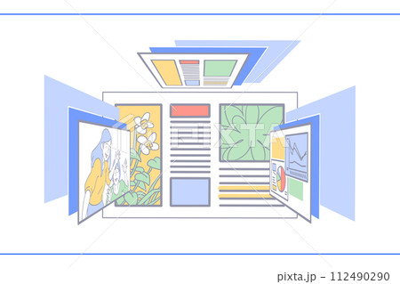 天井・左右・奥の壁にさまざまな映像の画面が表示されている空間イラスト 天井・左右・奥の壁にさまざまな映像の画面が表示されている空間イラスト 112490290