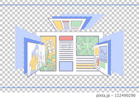 天井・左右・奥の壁にさまざまな映像の画面が表示されている空間イラスト 天井・左右・奥の壁にさまざまな映像の画面が表示されている空間イラスト 112490290
