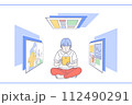 黄色いタブレットでいろいろな画像や映像を検索して眺めて楽しんでいる赤いズボンを履いた女性のイラスト 112490291