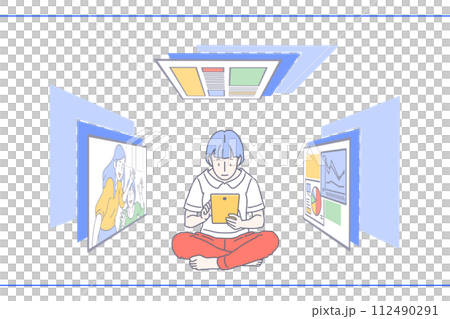 黄色いタブレットでいろいろな画像や映像を検索して眺めて楽しんでいる赤いズボンを履いた女性のイラスト 黄色いタブレットでいろいろな画像や映像を検索して眺めて楽しんでいる赤いズボンを履いた女性のイラスト 112490291