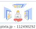 緑色のスマートフォンでいろいろな画像や映像を検索して楽しんでいる金髪で赤いズボンを履いた男性イラスト 112490292