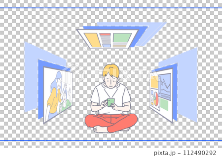 一個身穿紅色褲子的金髮男子喜歡在綠色智慧型手機上搜尋各種圖像和影片的插圖 一個身穿紅色褲子的金髮男子喜歡在綠色智慧型手機上搜尋各種圖像和影片的插圖 112490292