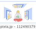 緑色のタブレットでいろいろな画像や映像を見てくつろいでいる金髪で赤いズボンを履いた男性のイラスト 112490379