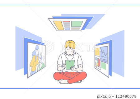 緑色のタブレットでいろいろな画像や映像を見てくつろいでいる金髪で赤いズボンを履いた男性のイラスト 112490379