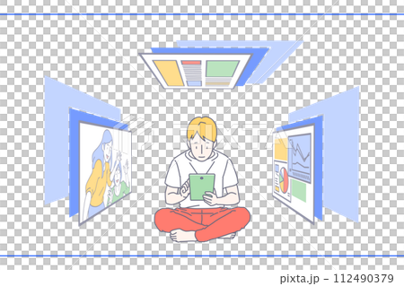 緑色のタブレットでいろいろな画像や映像を見てくつろいでいる金髪で赤いズボンを履いた男性のイラスト 112490379