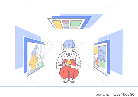 黄色いスマートフォンでいろいろな画像や映像を見ながら楽しんでいる赤いズボンを履いた女性のイラスト 112490380