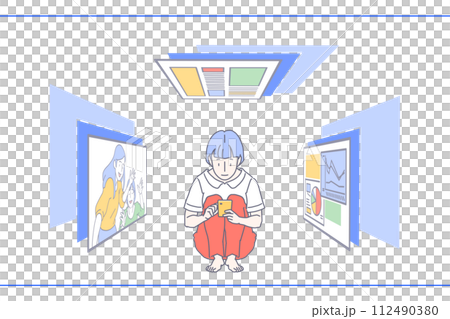 黄色いスマートフォンでいろいろな画像や映像を見ながら楽しんでいる赤いズボンを履いた女性のイラスト 112490380