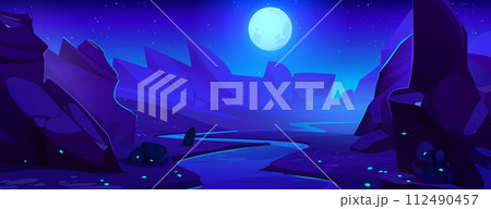 Night mountains landscape with river under moon 112490457