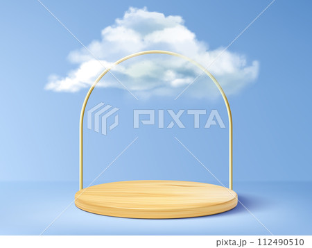 Wooden cylinder podium with white fluffy cloud Wooden cylinder podium with white fluffy cloud 112490510