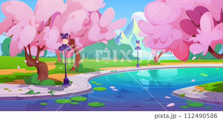 City park with pond and pink flower sakura trees. City park with pond and pink flower sakura trees. 112490586