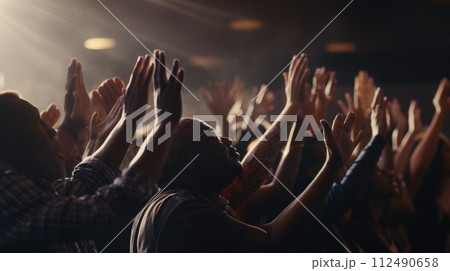 Capturing divine moments: church worship concept Christians, raised hands, earnestly pray and worship to cross in the sacred ambiance of a church building, expressing faith and spiritual connection. Capturing divine moments: church worship concept Christians, raised hands, earnestly pray and worship to cross in the sacred ambiance of a church building, expressing faith and spiritual connection. 112490658