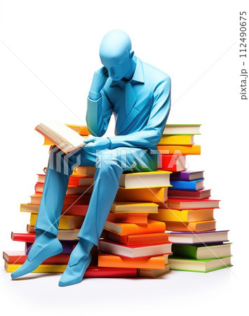 Immersing in narratives: a 3d animated character reading a book, education , immersed in the world of literature, act of reading. Immersing in narratives: a 3d animated character reading a book, education , immersed in the world of literature, act of reading. 112490675