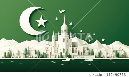 Pakistan day: celebrating unity, freedom, and heritage in a symphony of green and white, honoring the nation's journey towards independence and prosperity on this historic occasion. 112490758