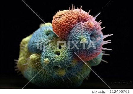 In the microscopic realm, a vibrant microbe dances, form intricate surreal. A symphony of colors shapes, it embodies unseen beauty of microbial world, a tiny marvel thriving in unseen corners of life. 112490761