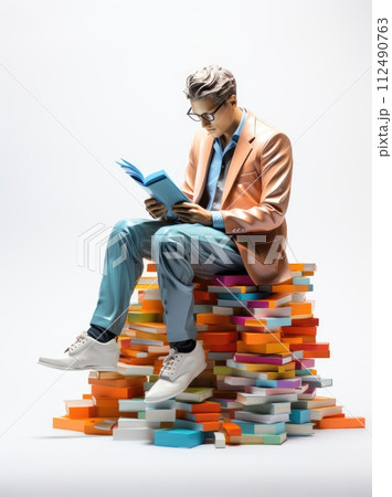 Immersing in narratives: a 3d animated character reading a book, education , immersed in the world of literature, act of reading. 112490763