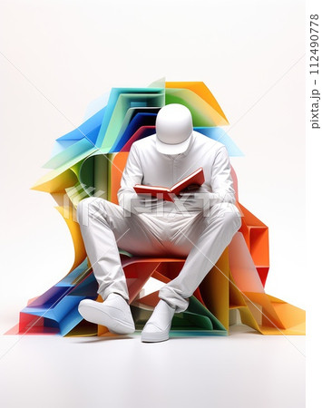 Immersing in narratives: a 3d animated character reading a book, education , immersed in the world of literature, act of reading. Immersing in narratives: a 3d animated character reading a book, education , immersed in the world of literature, act of reading. 112490778