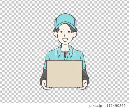 Female staff wearing a hat holding cardboard and luggage Female staff wearing a hat holding cardboard and luggage 112490863