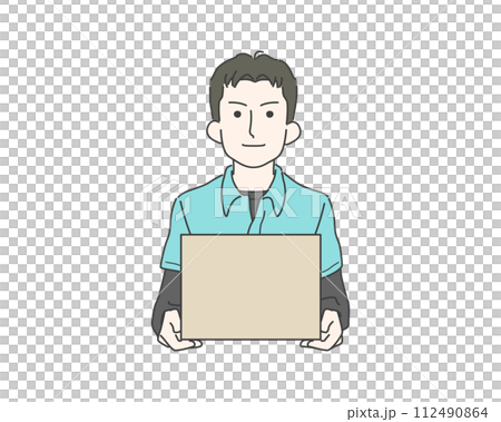 Illustration of a man holding cardboard and luggage 112490864