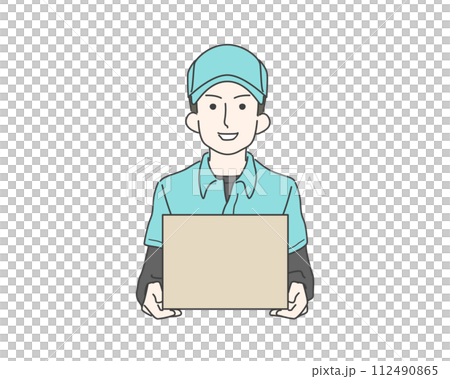 A male worker wearing a hat holding cardboard and luggage 112490865