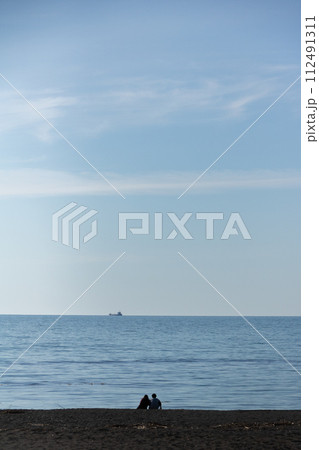 浜辺で寄り添う二人と水平線の貨物船 浜辺で寄り添う二人と水平線の貨物船 112491311