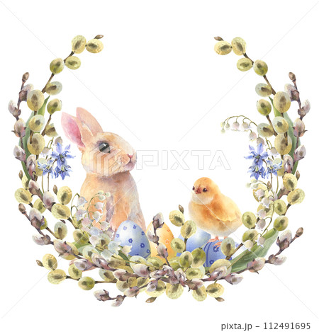 Watercolor little peach rabbit is sitting in the flowers wreath. Easter bunny and yellow chick, decorative eggs yellow, blue, violet. Template for designs , card, wallpaper. 112491695