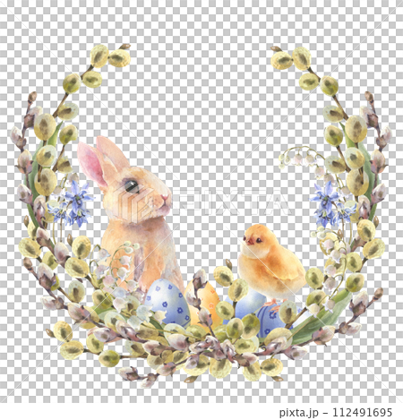 Watercolor little peach rabbit is sitting in the flowers wreath. Easter bunny and yellow chick, decorative eggs yellow, blue, violet. Template for designs , card, wallpaper. 112491695