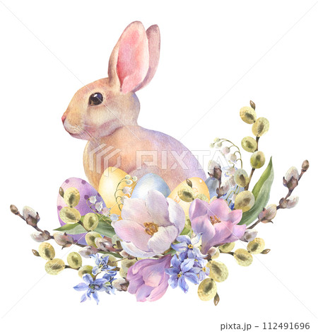 Watercolor little peach rabbit is sitting in the spring flowers wreath. Easter bunny and colorful eggs, decorative eggs yellow, blue, violet. Template for designs , card, wallpaper. 112491696