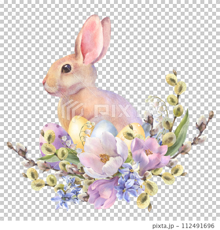 Watercolor little peach rabbit is sitting in the spring flowers wreath. Easter bunny and colorful eggs, decorative eggs yellow, blue, violet. Template for designs , card, wallpaper. 112491696