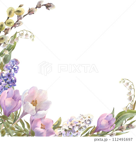 Watercolor Spring flowers - hyacinth, crocus, willow branches, leaves. Floral card, square frame. Watercolor for Easter design Watercolor Spring flowers - hyacinth, crocus, willow branches, leaves. Floral card, square frame. Watercolor for Easter design 112491697