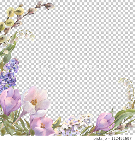 Watercolor Spring flowers - hyacinth, crocus, willow branches, leaves. Floral card, square frame. Watercolor for Easter design Watercolor Spring flowers - hyacinth, crocus, willow branches, leaves. Floral card, square frame. Watercolor for Easter design 112491697