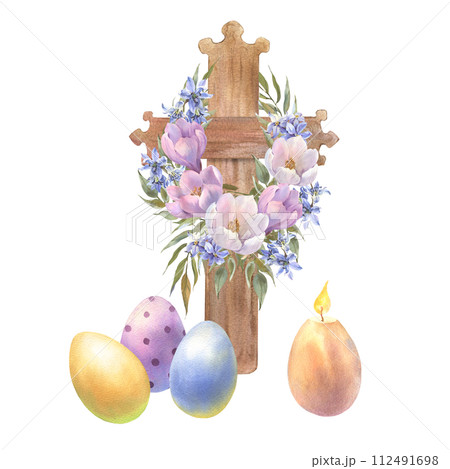 Happy Easter composition Watercolor cross with flower wreath bouquets, colorful eggs, candle hand drawn watercolor illustration. Vintage style. Drawing on isolated white background. Happy Easter composition Watercolor cross with flower wreath bouquets, colorful eggs, candle hand drawn watercolor illustration. Vintage style. Drawing on isolated white background. 112491698