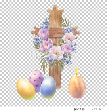 Happy Easter composition Watercolor cross with flower wreath bouquets, colorful eggs, candle hand drawn watercolor illustration. Vintage style. Drawing on isolated white background. Happy Easter composition Watercolor cross with flower wreath bouquets, colorful eggs, candle hand drawn watercolor illustration. Vintage style. Drawing on isolated white background. 112491698