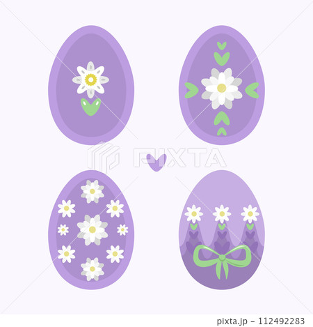 Easter eggs set with violet flowers. Trendy easter 112492283