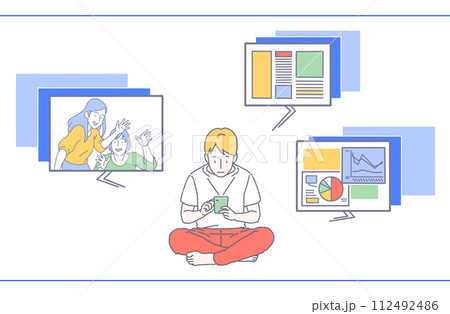 スマートフォンでテレワーク中に映像や資料を提示しながらオンラインミーティングをする男性のイラスト スマートフォンでテレワーク中に映像や資料を提示しながらオンラインミーティングをする男性のイラスト 112492486
