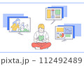 タブレットでテレワーク中に映像や資料を提示しながらオンラインミーティングをする男性と女性のイラスト 112492489