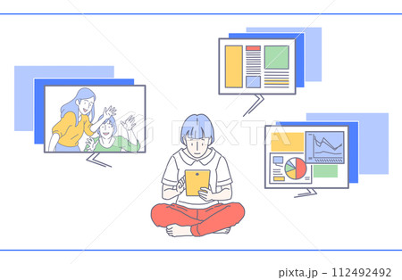 タブレットでテレワーク中にさまざまな映像や資料を提示しながら会社の仲間とオンライン会議をする女性 112492492