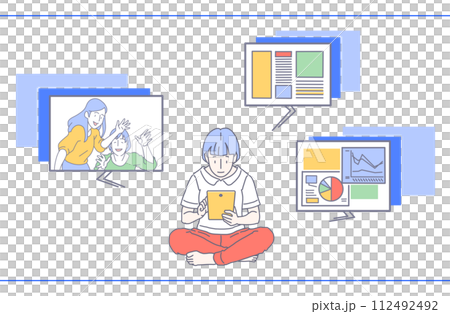 一位女士在家工作時與同事舉行線上會議,同時在平板電腦上展示各種影片和材料 一位女士在家工作時與同事舉行線上會議,同時在平板電腦上展示各種影片和材料 112492492