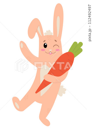 Easter bunny rabbit cartoon character holding big carrot isolated on white background. Trendy Easter design. Flat vector illustration for poster, icon, card, logo, label. 112492497