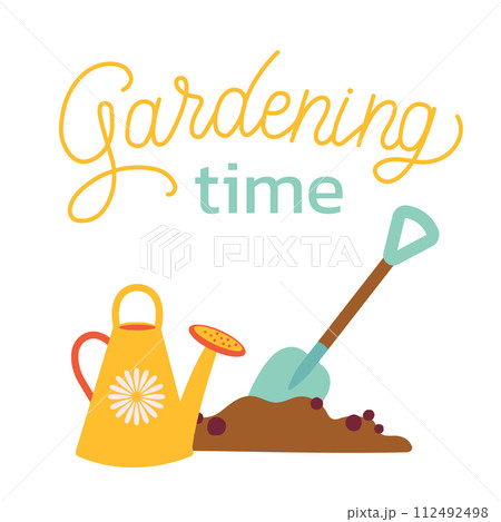 Gardening time. Garden tools, watering can and shovels. Spring gardening concept. Vector illustration on white background for poster, icon, card, logo, label 112492498