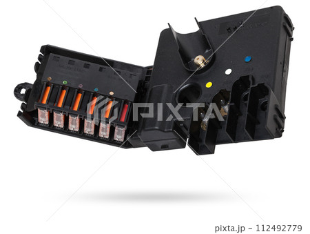 Automotive fuses box in different colors and each color is responsible for the specific value of the protection defined in amperes. Catalog of spare parts. Automotive fuses box in different colors and each color is responsible for the specific value of the protection defined in amperes. Catalog of spare parts. 112492779