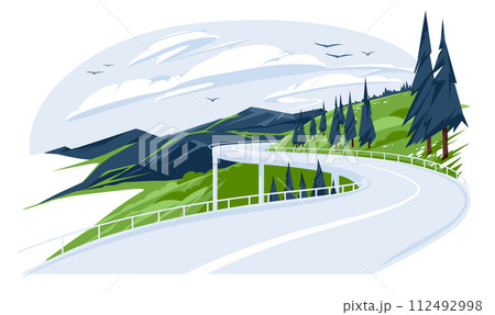 Mountains highway spring or summer landscape. Green meadow with coniferous trees in the valley. Vector flat illustration. Tourism and travel. Mountains highway spring or summer landscape. Green meadow with coniferous trees in the valley. Vector flat illustration. Tourism and travel. 112492998