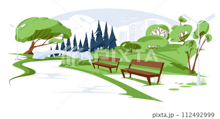 Empty spring or summer city park landscape. A bridge and a river in the middle of a green meadow. Skyscrapers Vector flat illustration Empty spring or summer city park landscape. A bridge and a river in the middle of a green meadow. Skyscrapers Vector flat illustration 112492999