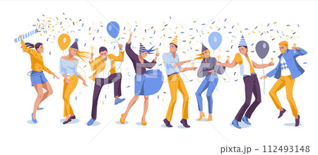 Party people celebrate their birthday. Different dancing funny characters isolated on white background. Vector flat  112493148