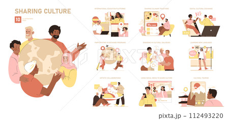 A group of people gathered around a globe in a leisure room, sharing a fun and happy art event. They stand in a circle, enjoying the moment 112493220