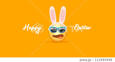 Happy easter funny horizontal banner with cartoon 3d smile face with rabbit ears and sunglasses isolated on yellow background. Vector 3d square happy eater poster, flyer, banner, label and background Happy easter funny horizontal banner with cartoon 3d smile face with rabbit ears and sunglasses isolated on yellow background. Vector 3d square happy eater poster, flyer, banner, label and background 112493449